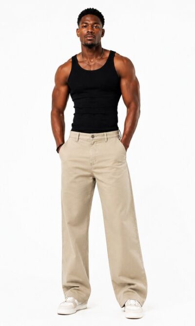 Beige Wide-Leg Chino Pants