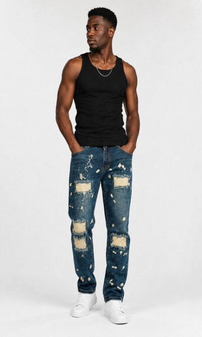 Heavy distressed baggy jeans with paint splatter
