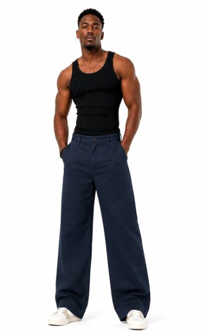 Navy Wide-Leg Chino Pants