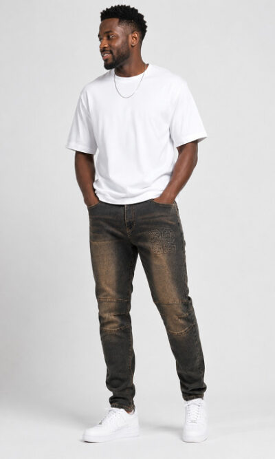 Slim tapered jeans with tonal graphic embroidery