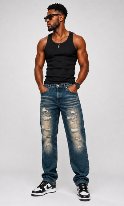 Wide-leg distressed jeans with fading