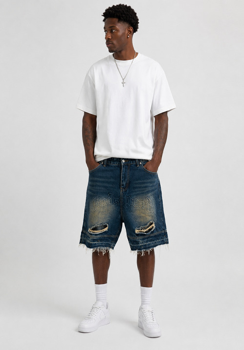 Embroidered Cutoff Jorts Baggy Short